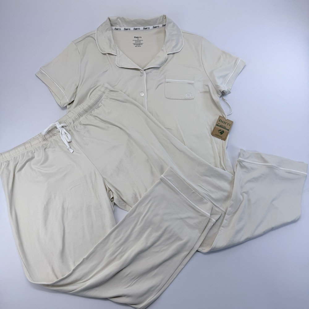 Born Sleepwear Womens XL Pajama Set Cream Recycled Yarn Piping